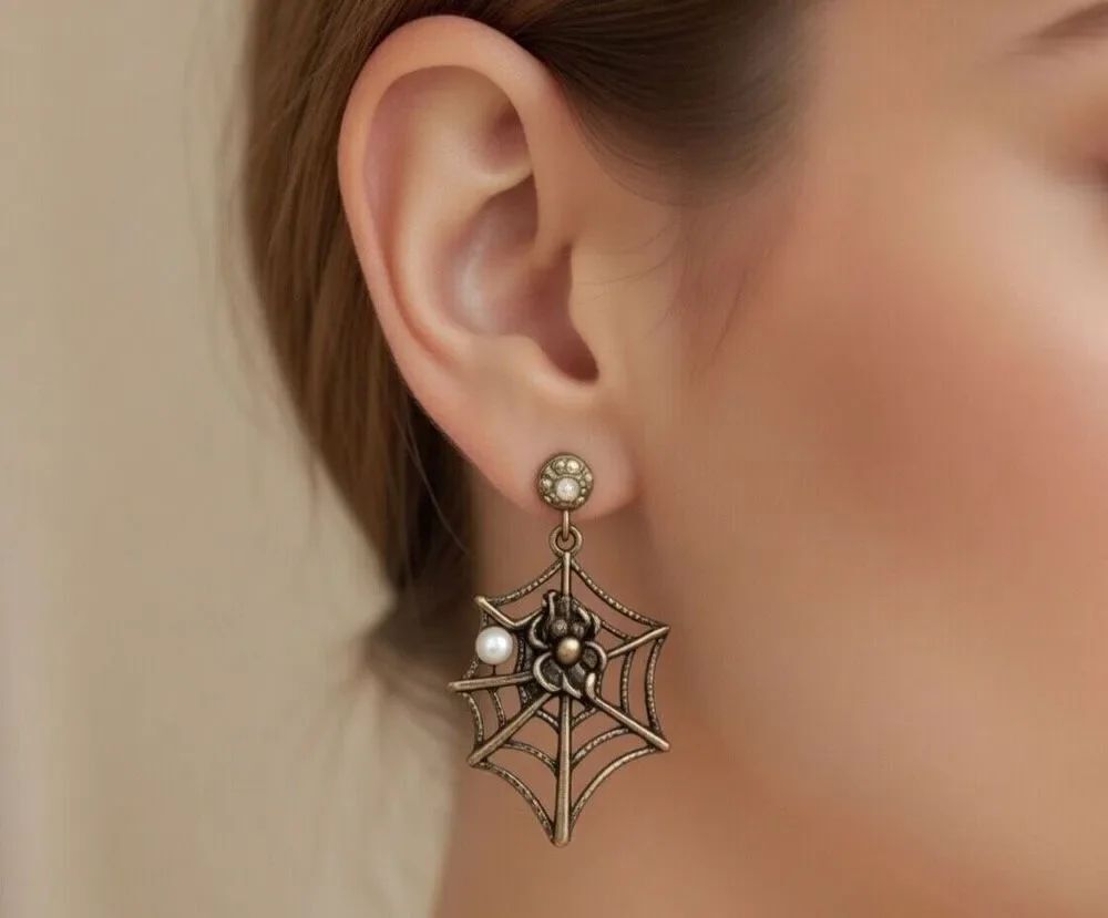 Dangle Spider Web and Flow Gothic Spider Earrings by Avon Rhinestone Gold Tone